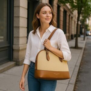 Straw-Look Coated Canvas & Leather Dome Satchel Classic Structured Diana Bag EUC